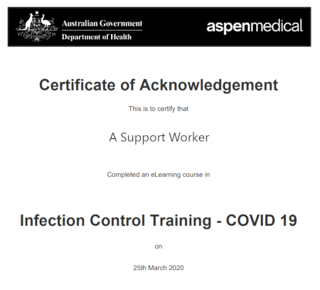 An infection control training certificate of acknowledgement
